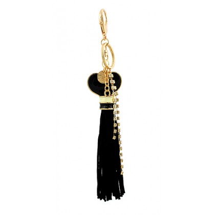 Key Chain - 12 PCS Tassel Key Chains Accent w/ Epoxy Heart Charm & Rhinestone Strings - Black - KC-AM3198BK